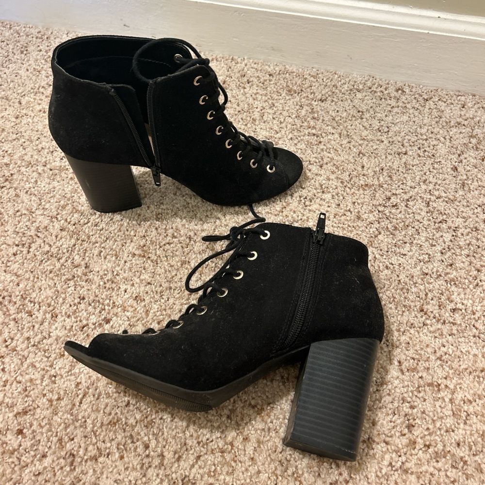 Black suede boots with 3.5 inch heel